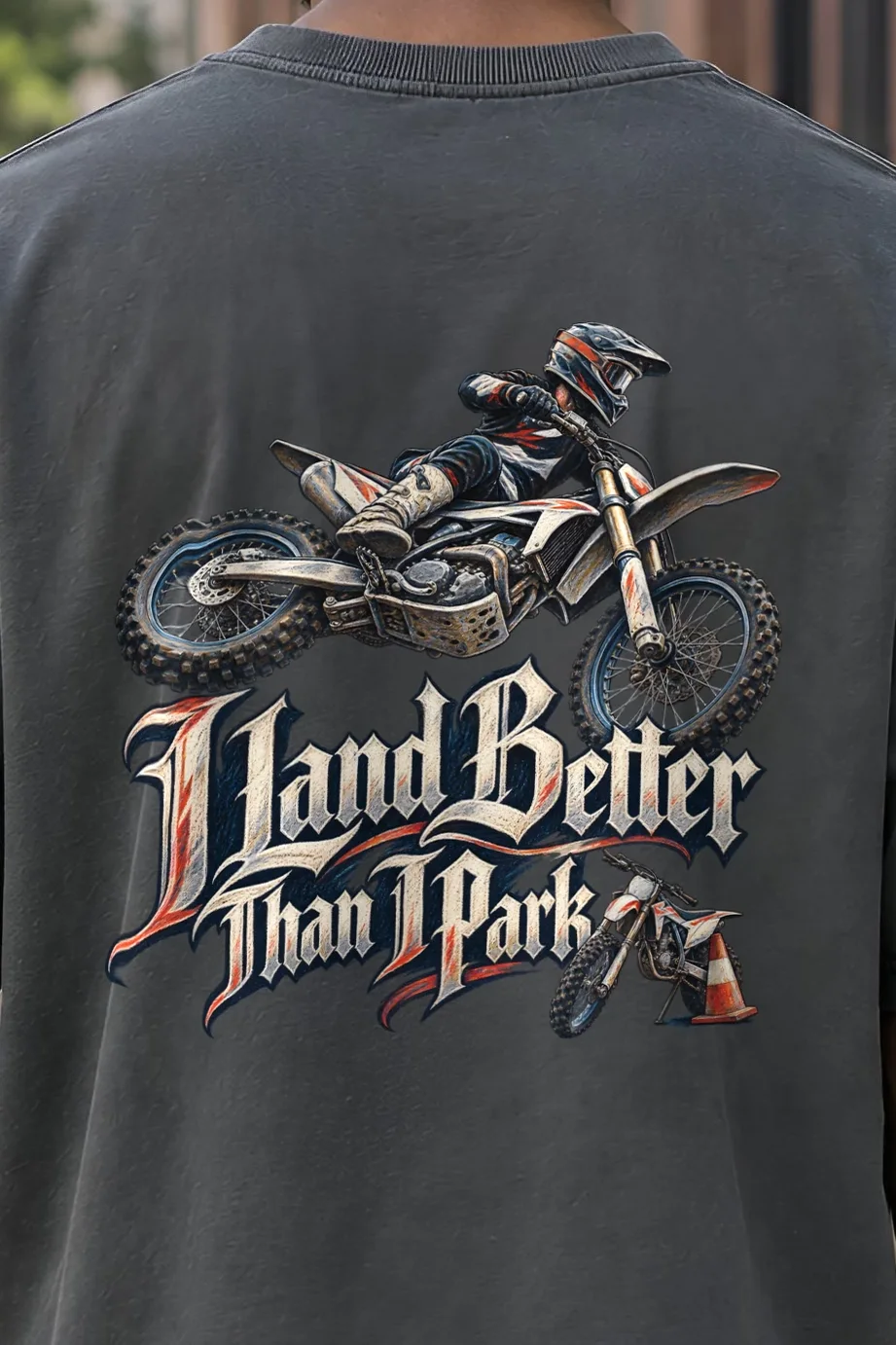 "I Land Better Than I Park" Men’s Oversized Heavyweight Crewneck T-Shirt - the graphic up close