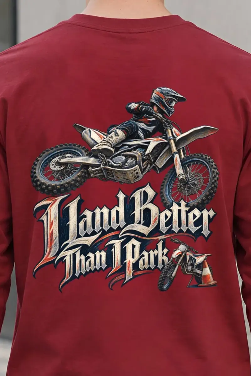 "I Land Better Than I Park" Unisex Longsleeve T-shirt - the graphic up close