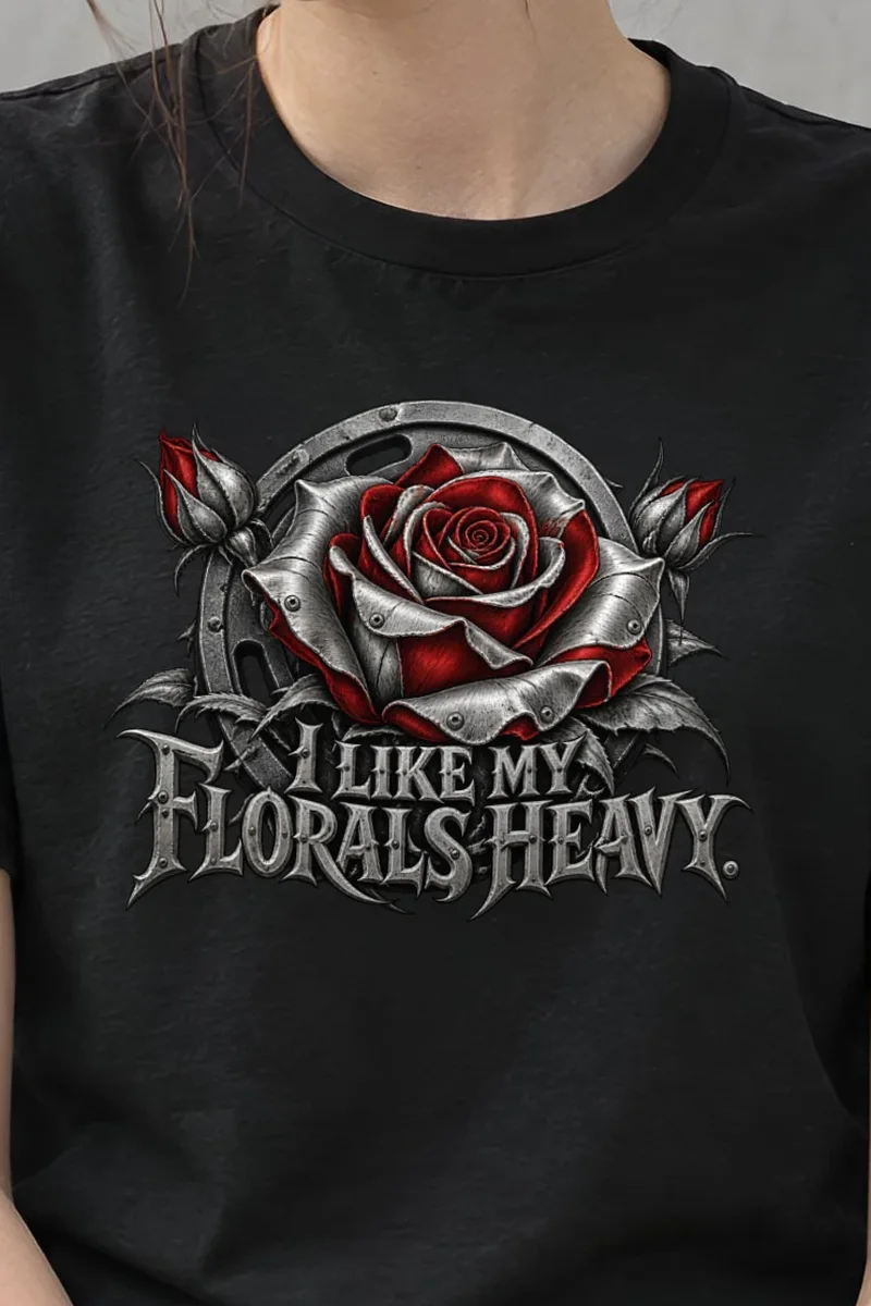 "I Like My Florals Heavy" Heavyweight Unisex Crewneck T-shirt - the graphic up close