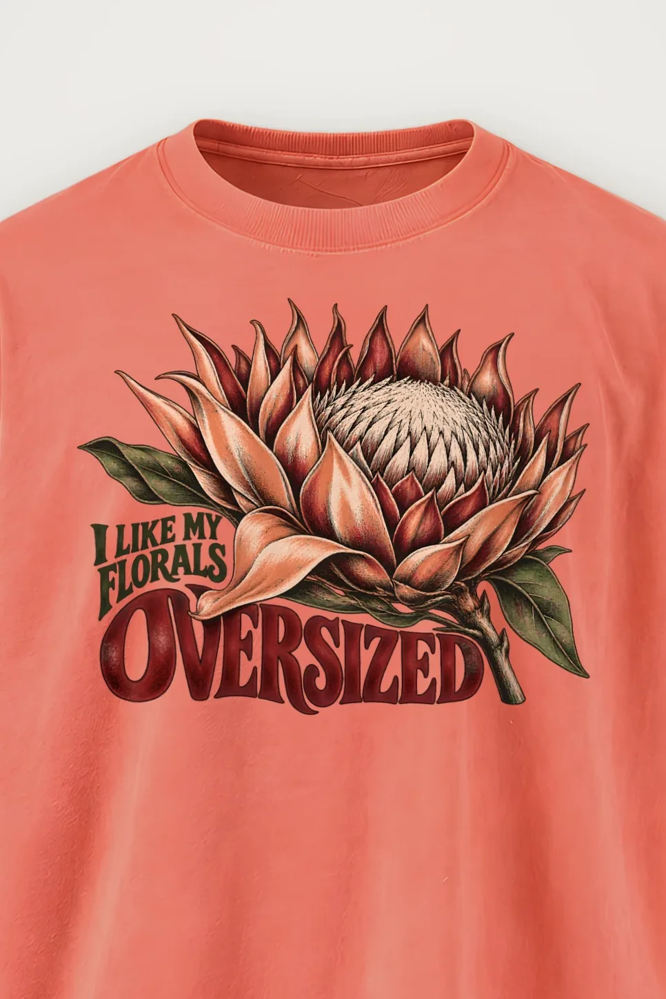 "I Like My Florals Oversized" Men’s Oversized Heavyweight Crewneck T-Shirt - the graphic up close