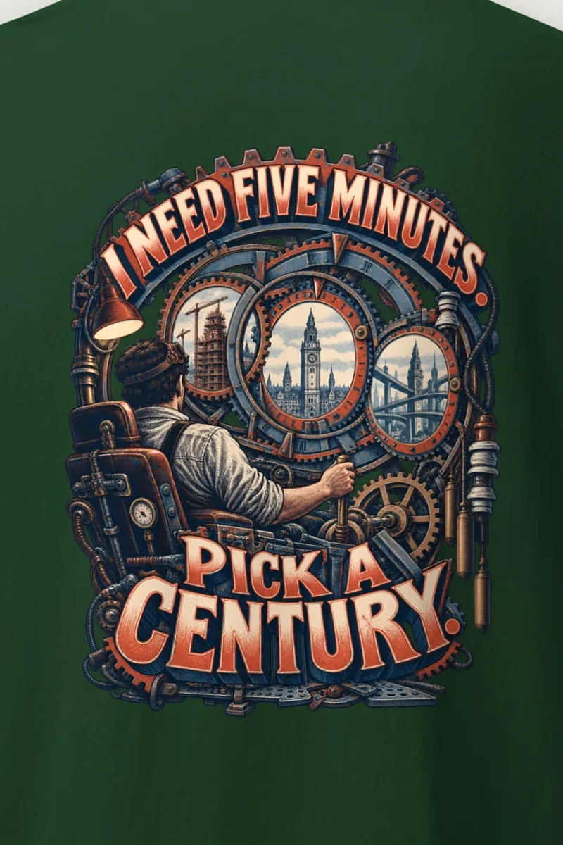 "I Need Five Minutes. Pick a Century." Heavyweight Unisex Crewneck T-shirt - the graphic up close