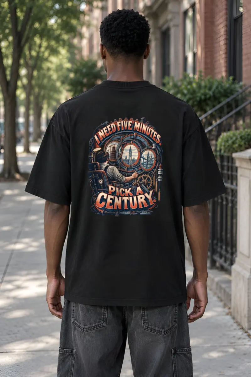 “I Need Five Minutes. Pick a Century” Men’s Oversized Heavyweight Crewneck T-Shirt