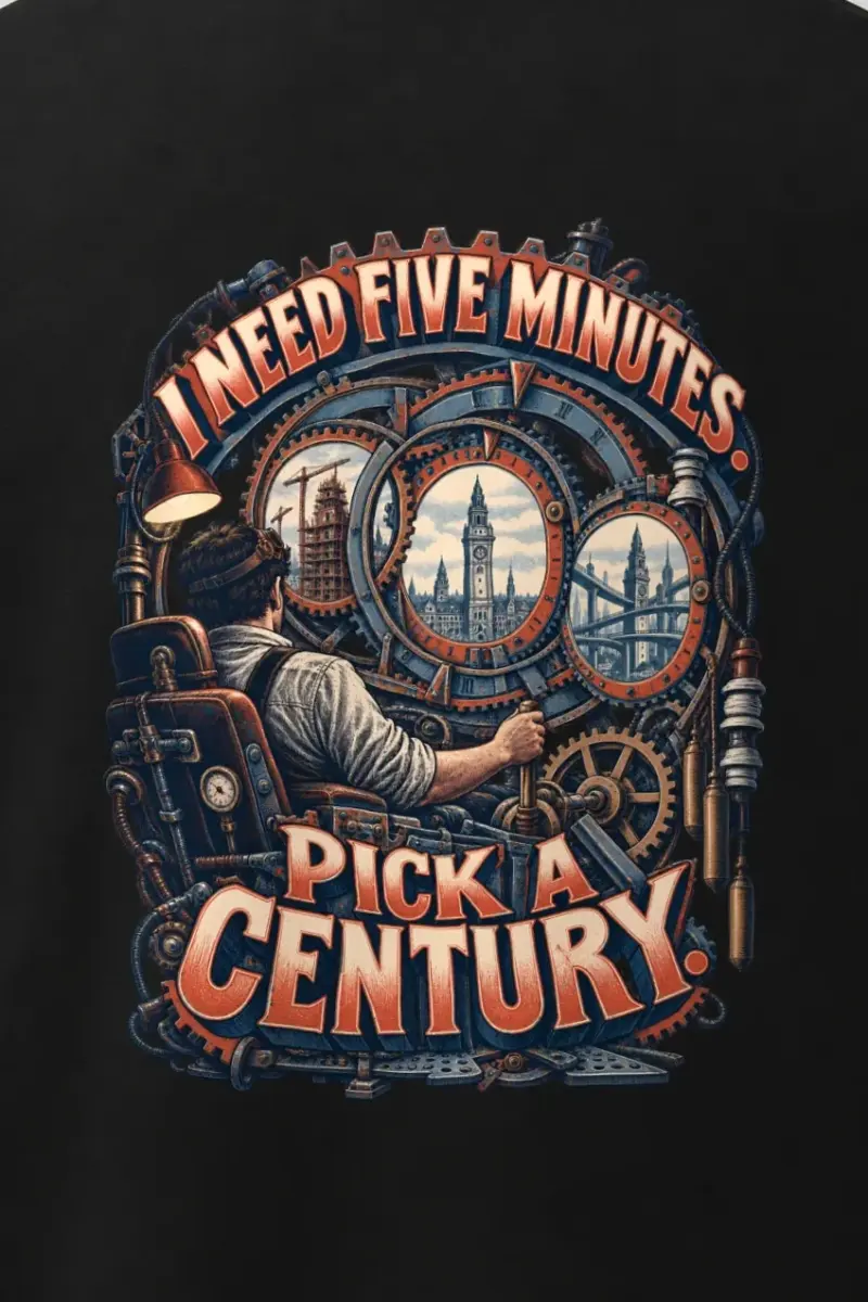 "I Need Five Minutes. Pick a Century" Men’s Oversized Heavyweight Crewneck T-Shirt - the graphic up close