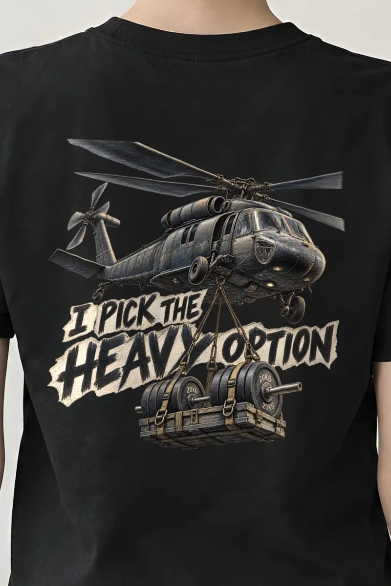 "I Pick the Heavy Option" Heavyweight Unisex Crewneck T-shirt - the graphic up close