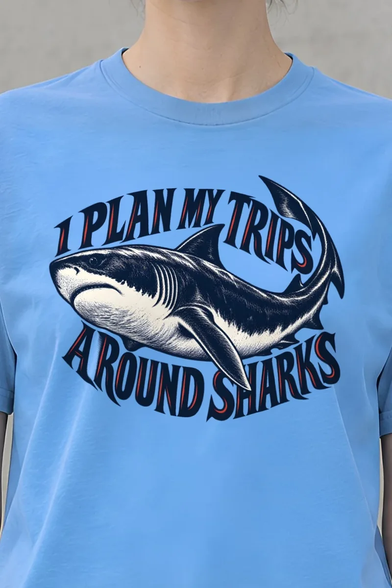 "I Plan My Trips Around Sharks" Heavyweight Unisex Crewneck T-shirt - the graphic up close