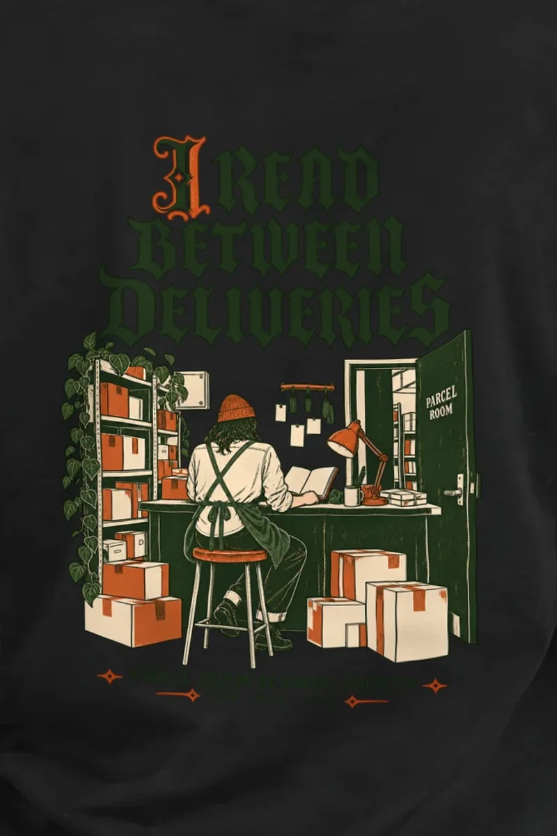 "I Read Between Deliveries" Heavyweight Unisex Crewneck T-shirt - the graphic up close