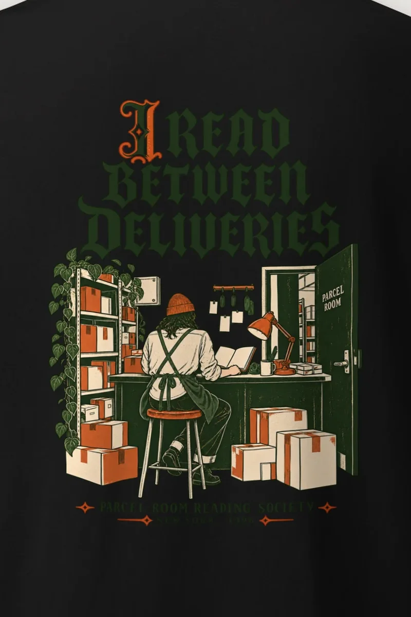 "I Read Between Deliveries" Heavyweight Unisex Crewneck T-shirt - the graphic up close
