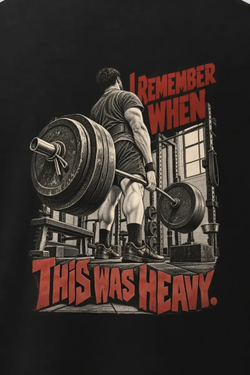 "I Remember When This Was Heavy" Men’s Oversized Heavyweight Crewneck T-Shirt - the graphic up close