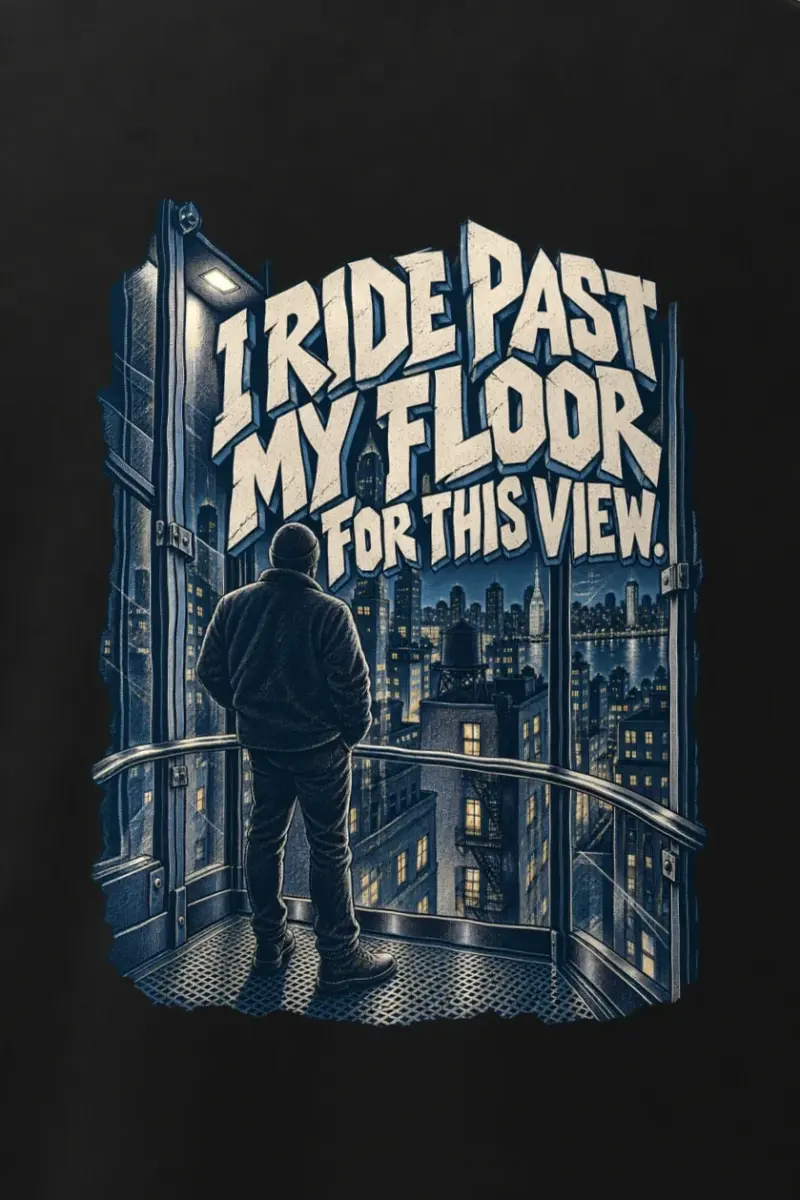 "I Ride Past My Floor" Men’s Oversized Heavyweight Crewneck T-Shirt - the graphic up close