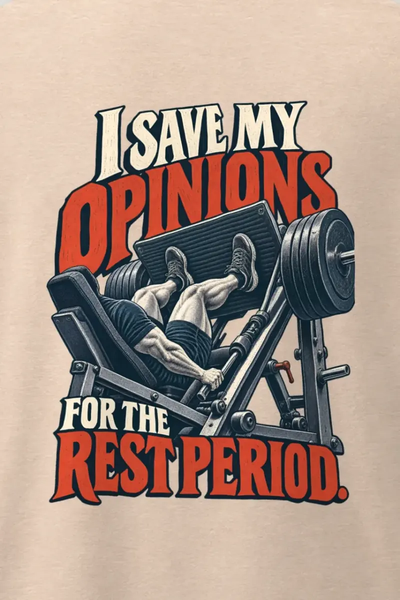 "I Save My Opinions for the Rest Period" Men’s Oversized Heavyweight Crewneck T-Shirt - the graphic up close