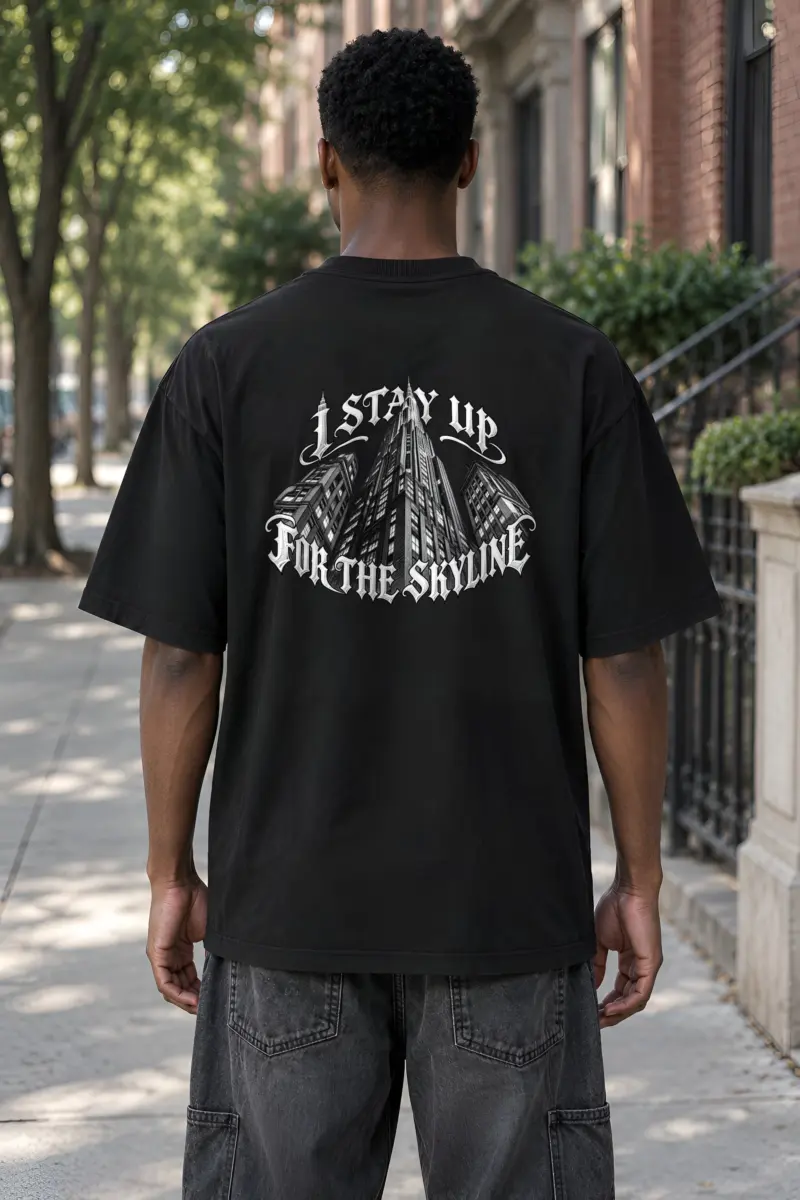 “I Stay Up for the Skyline” Men’s Oversized Heavyweight Crewneck T-Shirt