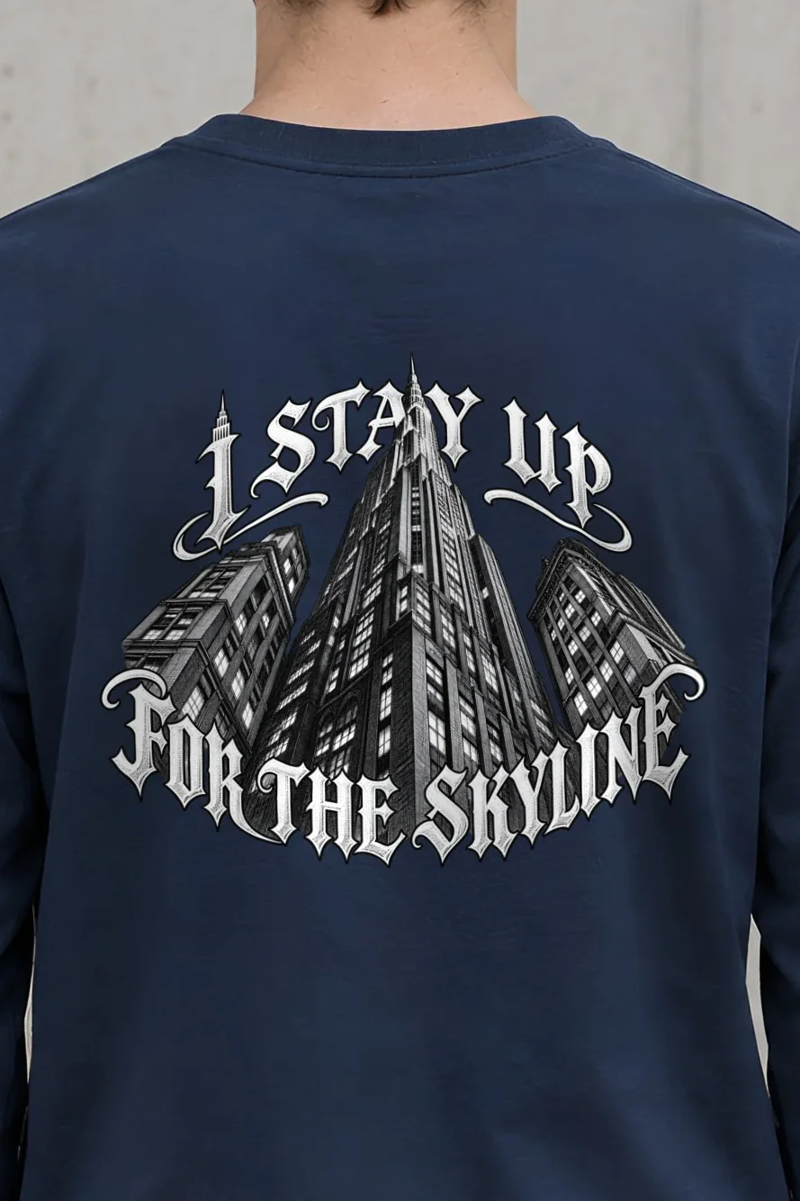 "I Stay Up for the Skyline" Unisex Longsleeve T-shirt - the graphic up close