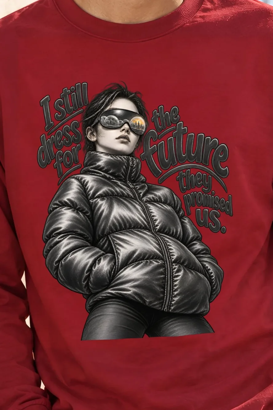 "I Still Dress for the Future" Unisex Longsleeve T-shirt - the graphic up close