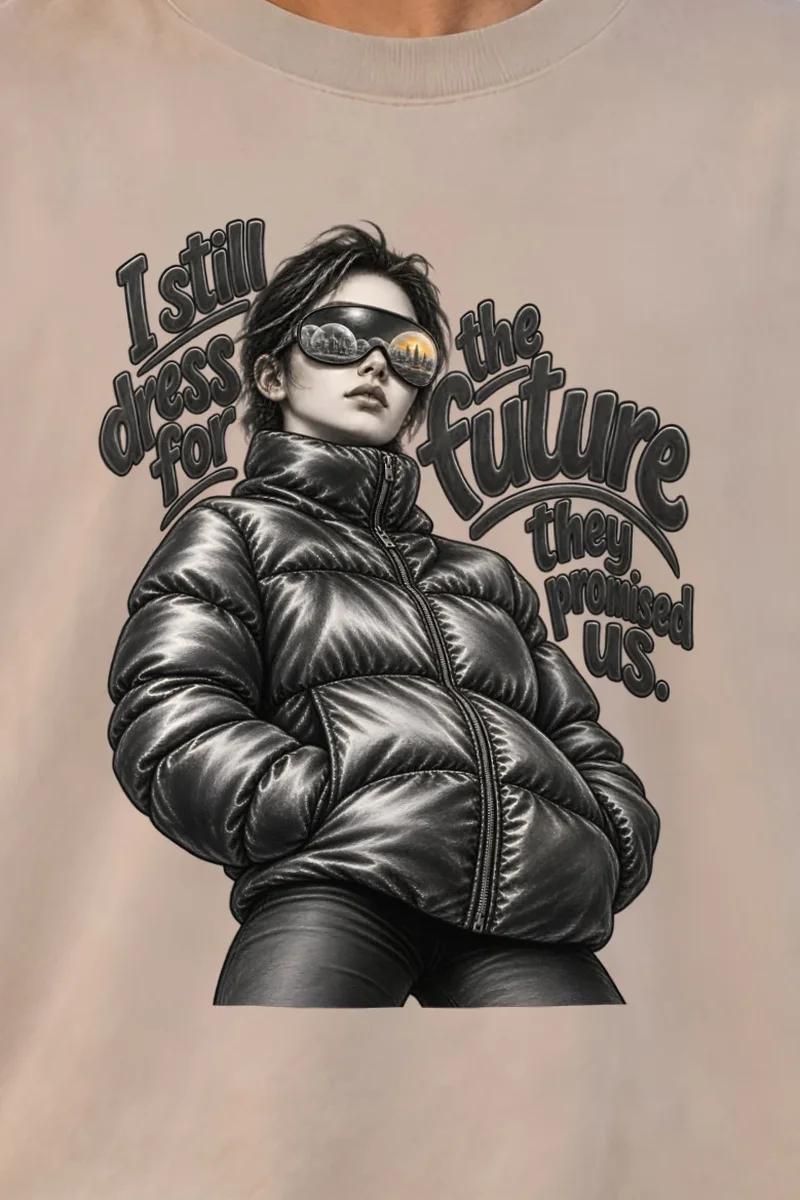 "I Still Dress for the Future" Unisex Oversized Heavyweight Crewneck T-Shirt - the graphic up close