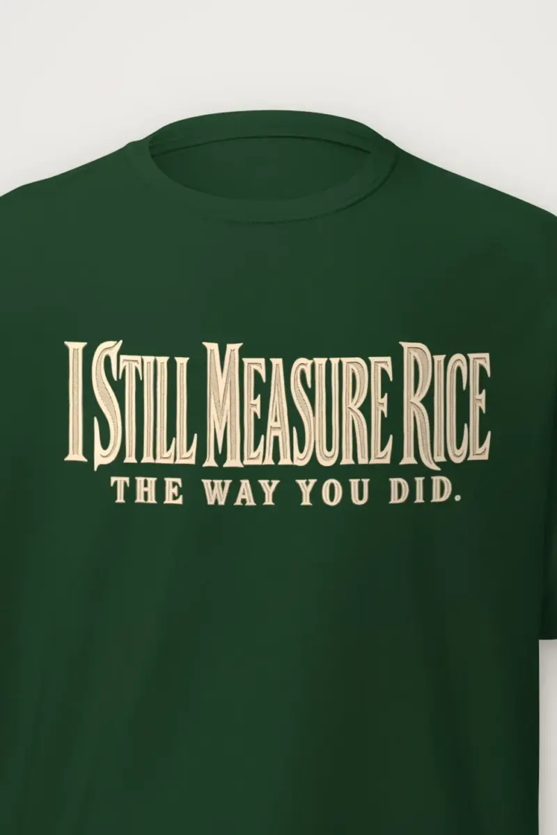 "I Still Measure Rice" Heavyweight Unisex Crewneck T-shirt - the graphic up close