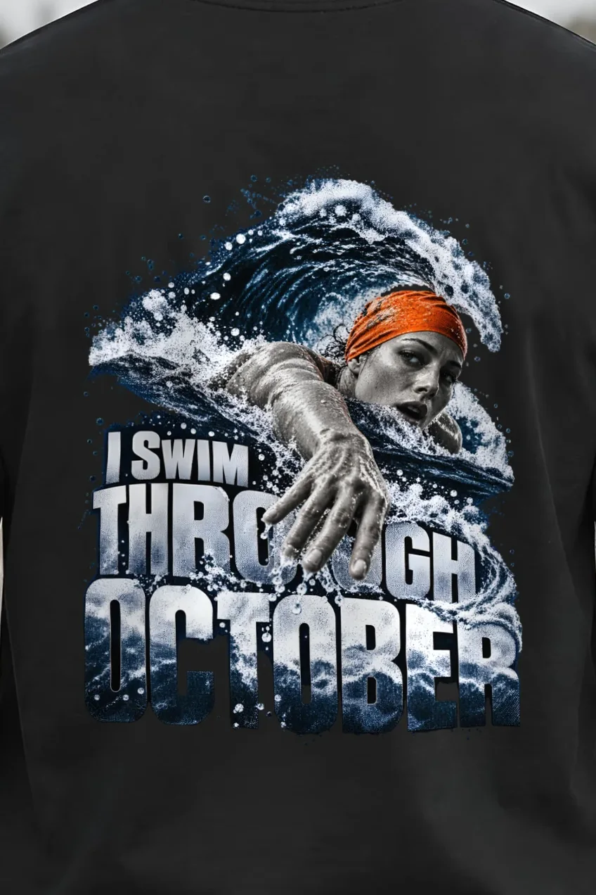 "I Swim Through October" Unisex Longsleeve T-shirt - the graphic up close