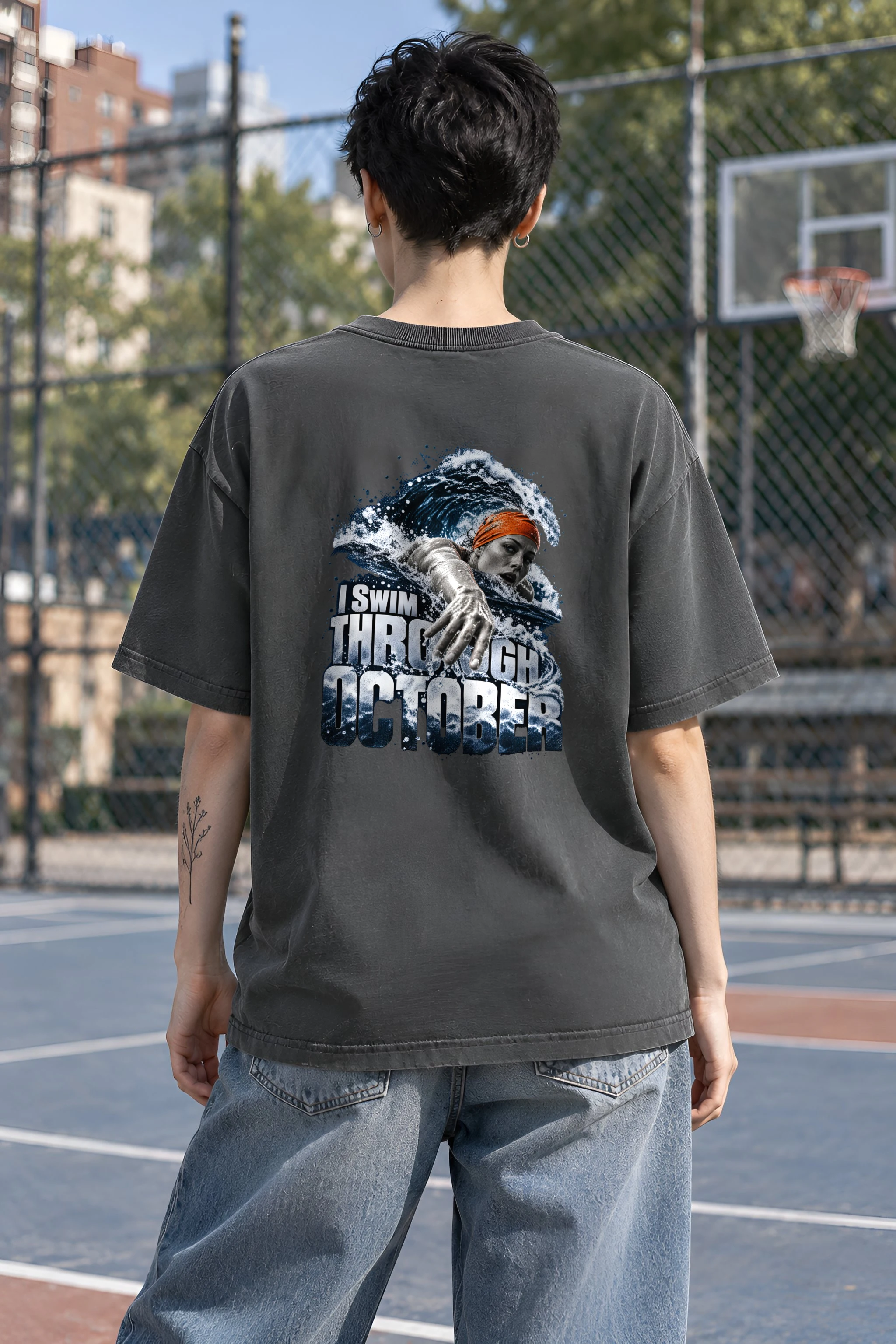 "I Swim Through October" Unisex Oversized Heavyweight Crewneck T-Shirt