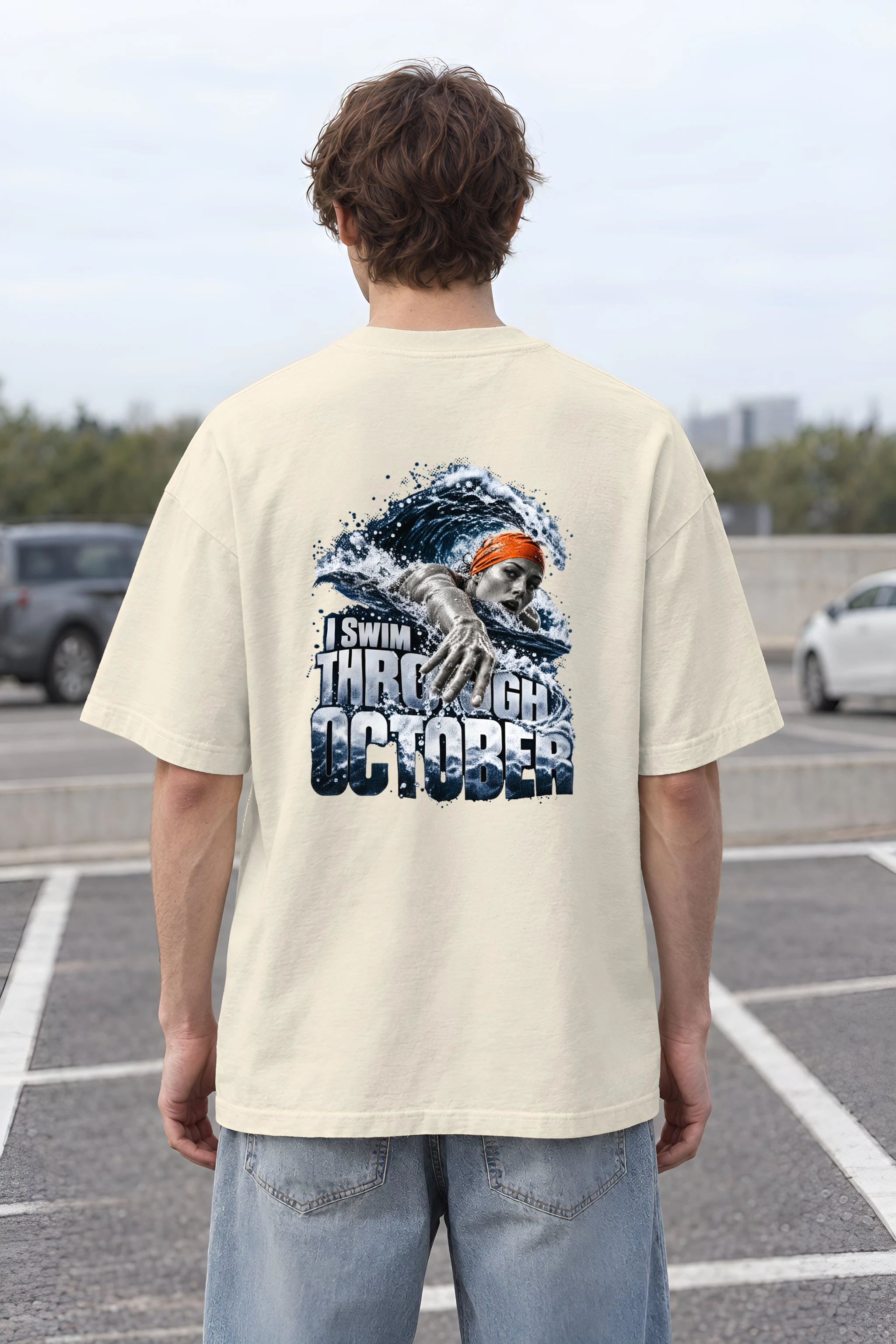 "I Swim Through October" Unisex Oversized Heavyweight Crewneck T-Shirt