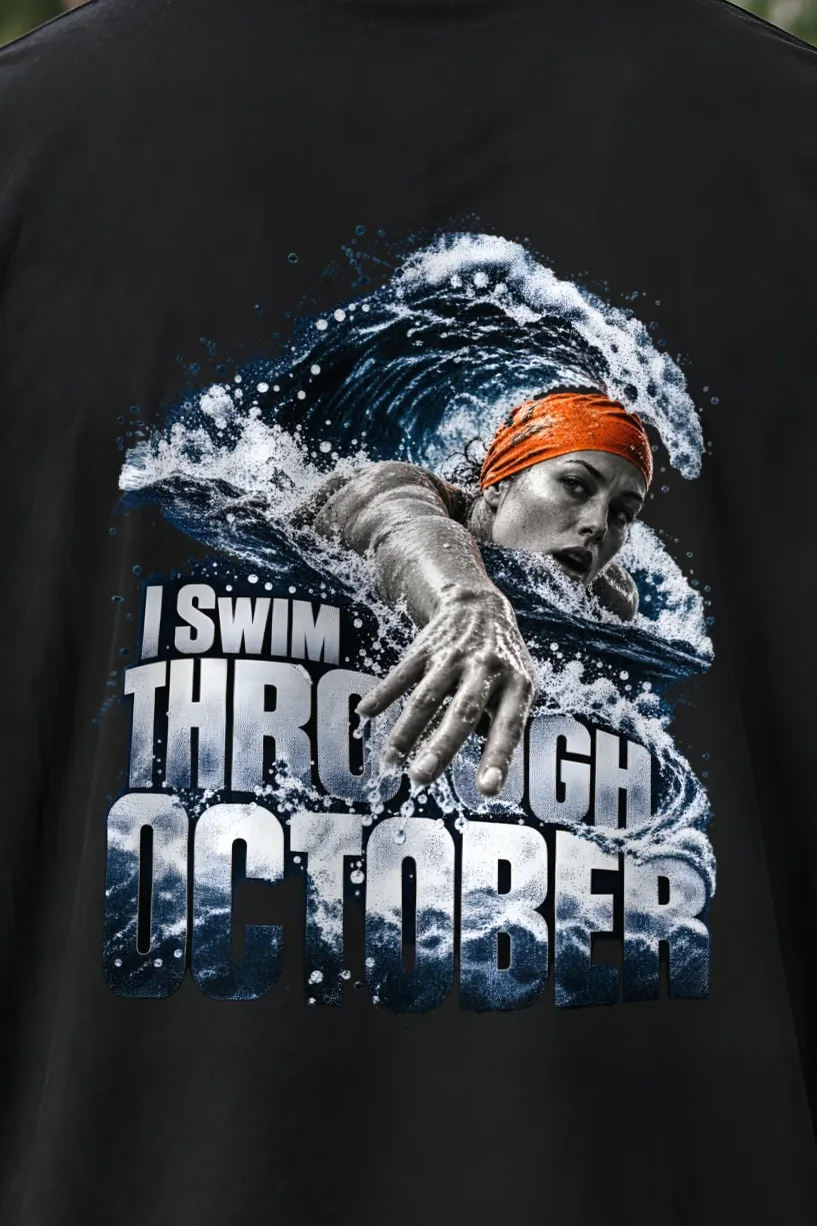 "I Swim Through October" Unisex Oversized Heavyweight Crewneck T-Shirt - the graphic up close