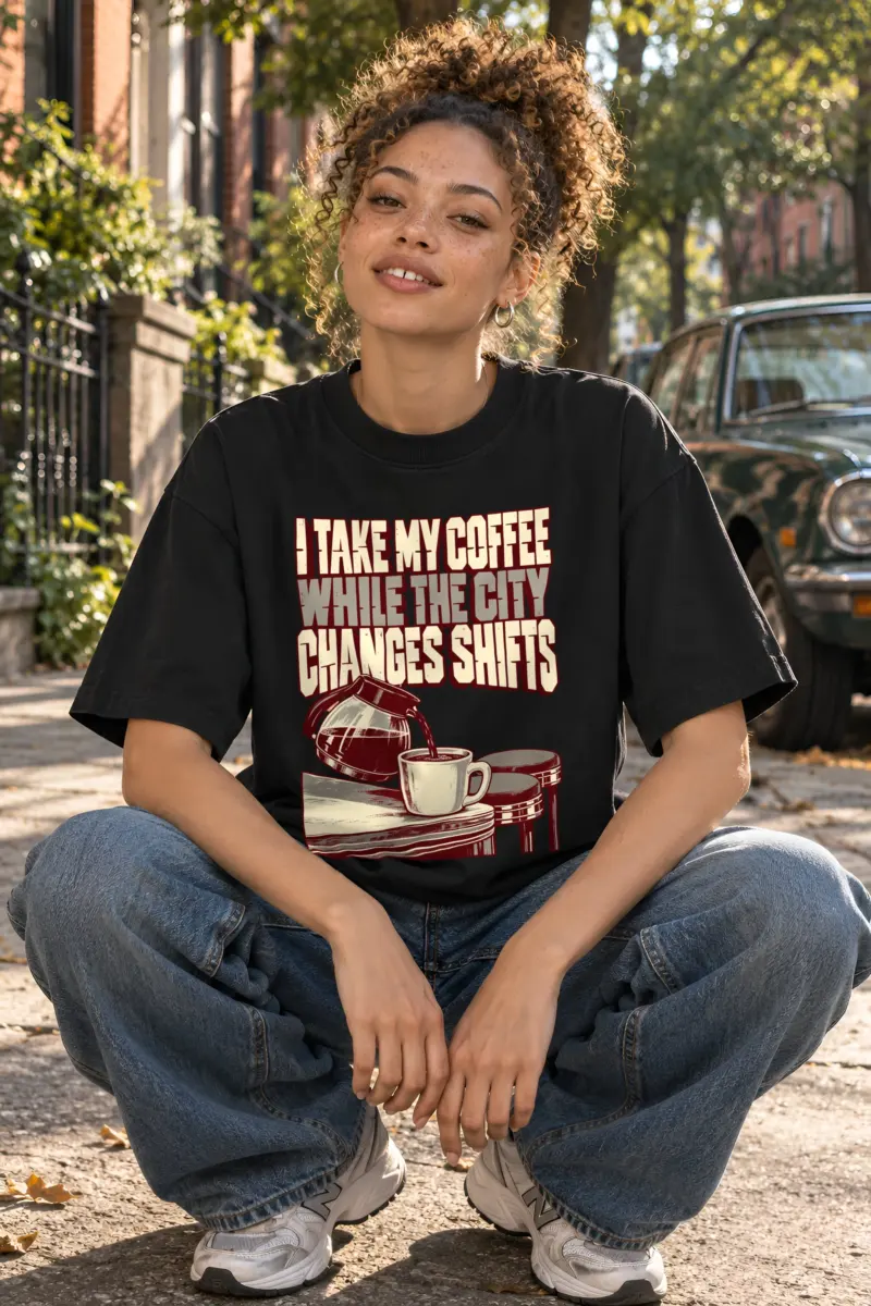 "I Take My Coffee While the City Changes Shifts" Unisex Oversized Heavyweight Crewneck T-Shirt