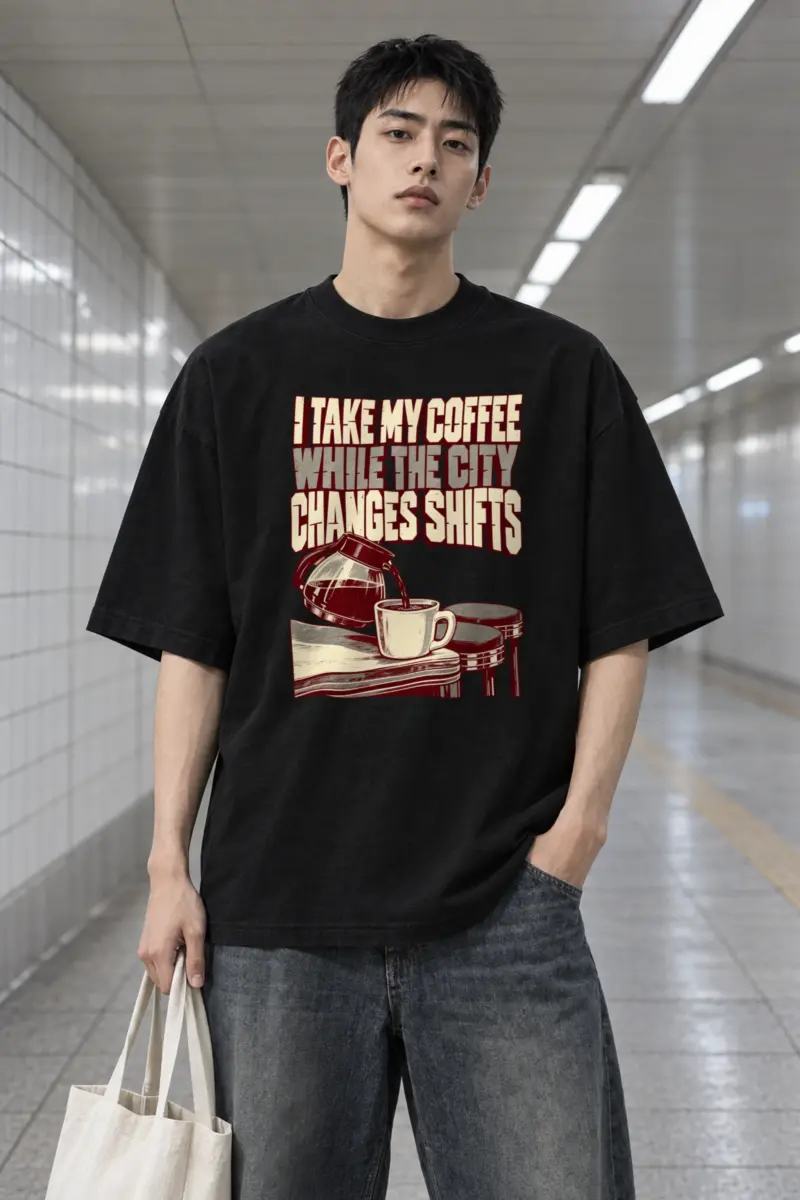 "I Take My Coffee While the City Changes Shifts" Men's Oversized Heavyweight Crewneck T-Shirt
