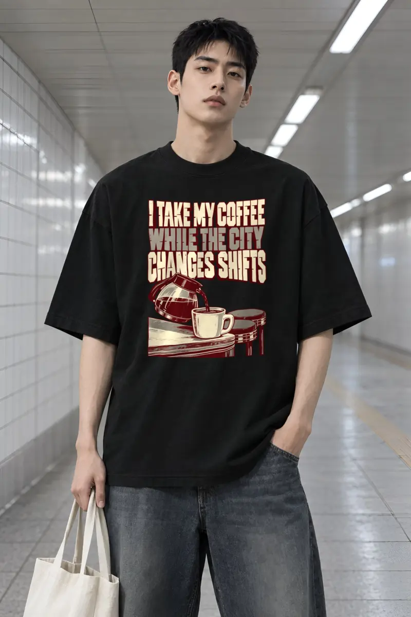 "I Take My Coffee While the City Changes Shifts" Men's Oversized Heavyweight Crewneck T-Shirt