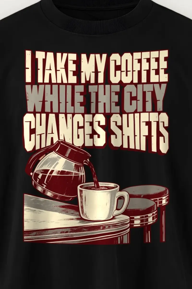 "I Take My Coffee While the City Changes Shifts" Men’s Oversized Heavyweight Crewneck T-Shirt - the graphic up close
