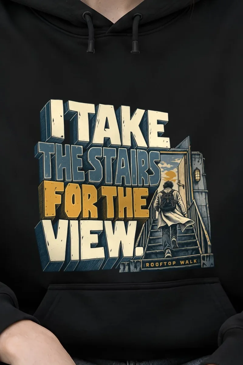 "I Take the Stairs for the View" Heavy Blend Unisex Pullover Hoodie - the graphic up close