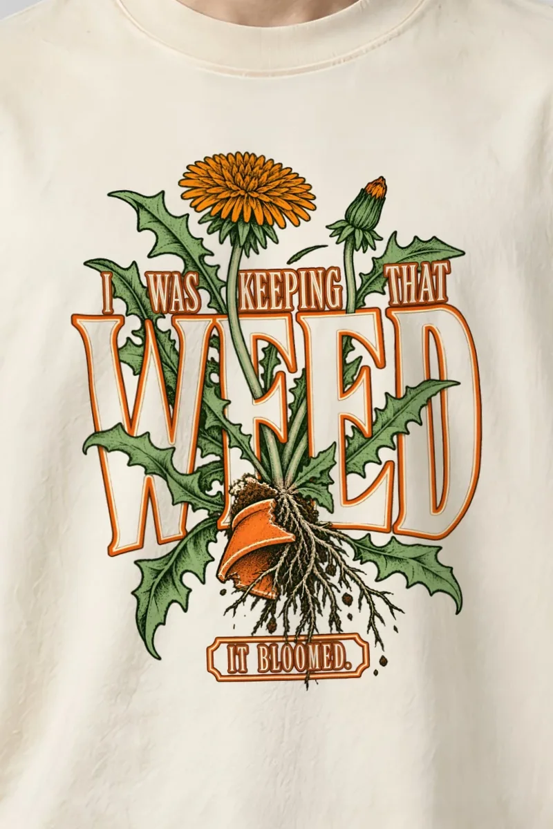 "I Was Keeping That Weed" Men’s Oversized Heavyweight Crewneck T-Shirt - the graphic up close