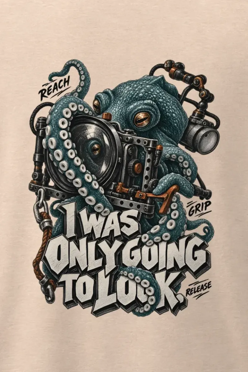 "I Was Only Going to Look" Men’s Oversized Heavyweight Crewneck T-Shirt - the graphic up close