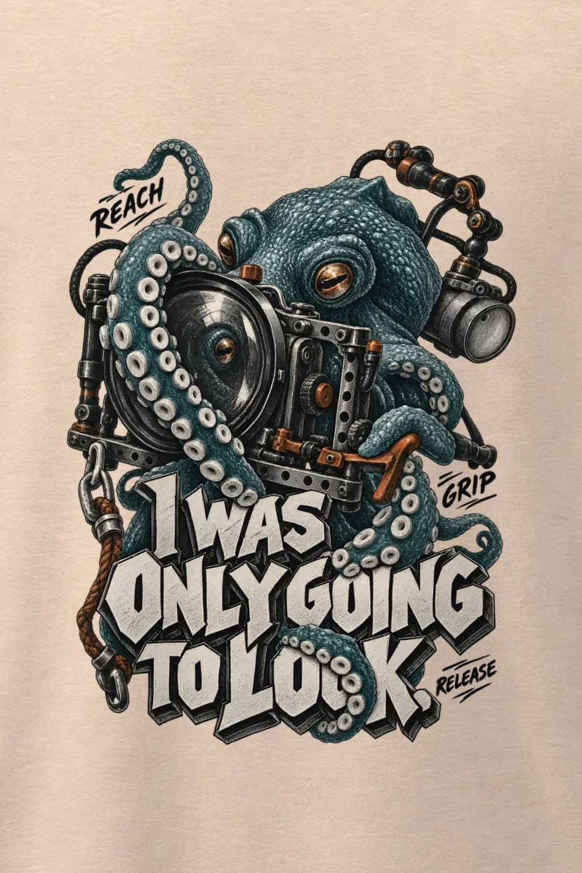 "I Was Only Going to Look" Men’s Oversized Heavyweight Crewneck T-Shirt - the graphic up close
