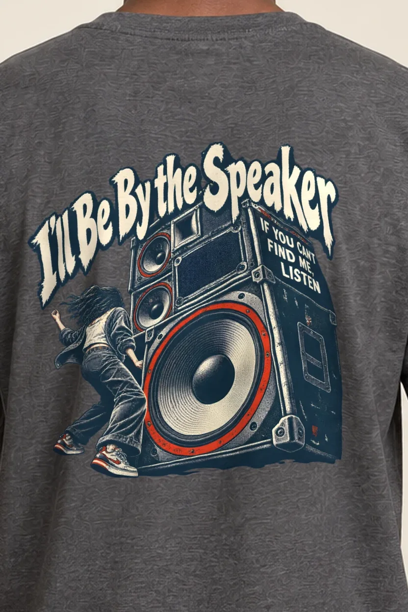 "I’ll Be By the Speaker" Heavyweight Unisex Crewneck T-shirt - the graphic up close