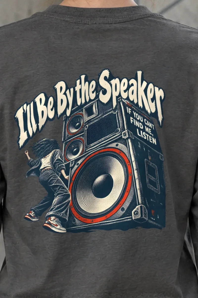 "I’ll Be By the Speaker" Unisex Longsleeve T-shirt - the graphic up close