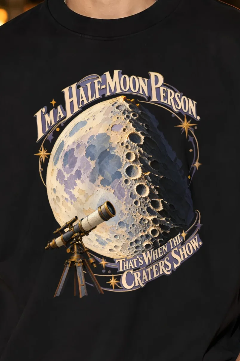 "I’m A Half-Moon Person" Unisex Oversized Heavyweight Crewneck T-Shirt - the graphic up close