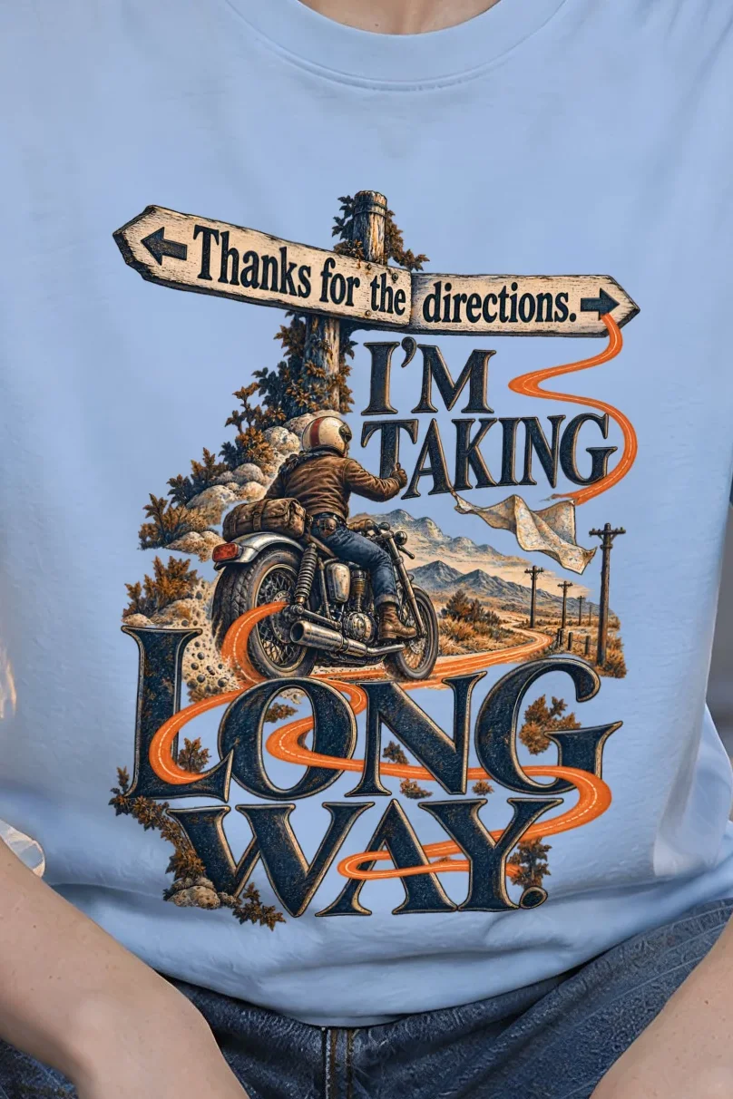 "I’m Taking Long Way" Heavyweight Unisex Crewneck T-shirt - the graphic up close