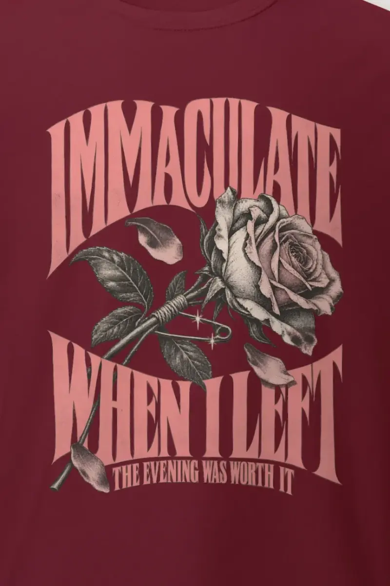 "Immaculate When I Left" Heavyweight Unisex Crewneck T-shirt - the graphic up close