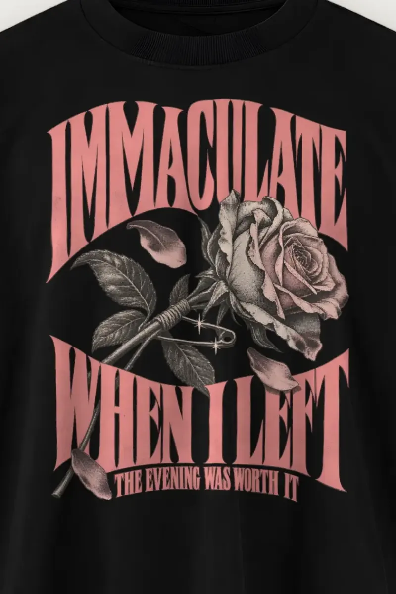 "Immaculate When I Left" Men’s Oversized Heavyweight Crewneck T-Shirt - the graphic up close