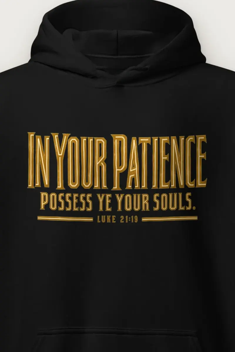 "In Your Patience Possess Ye" Heavy Blend Unisex Pullover Hoodie - the graphic up close