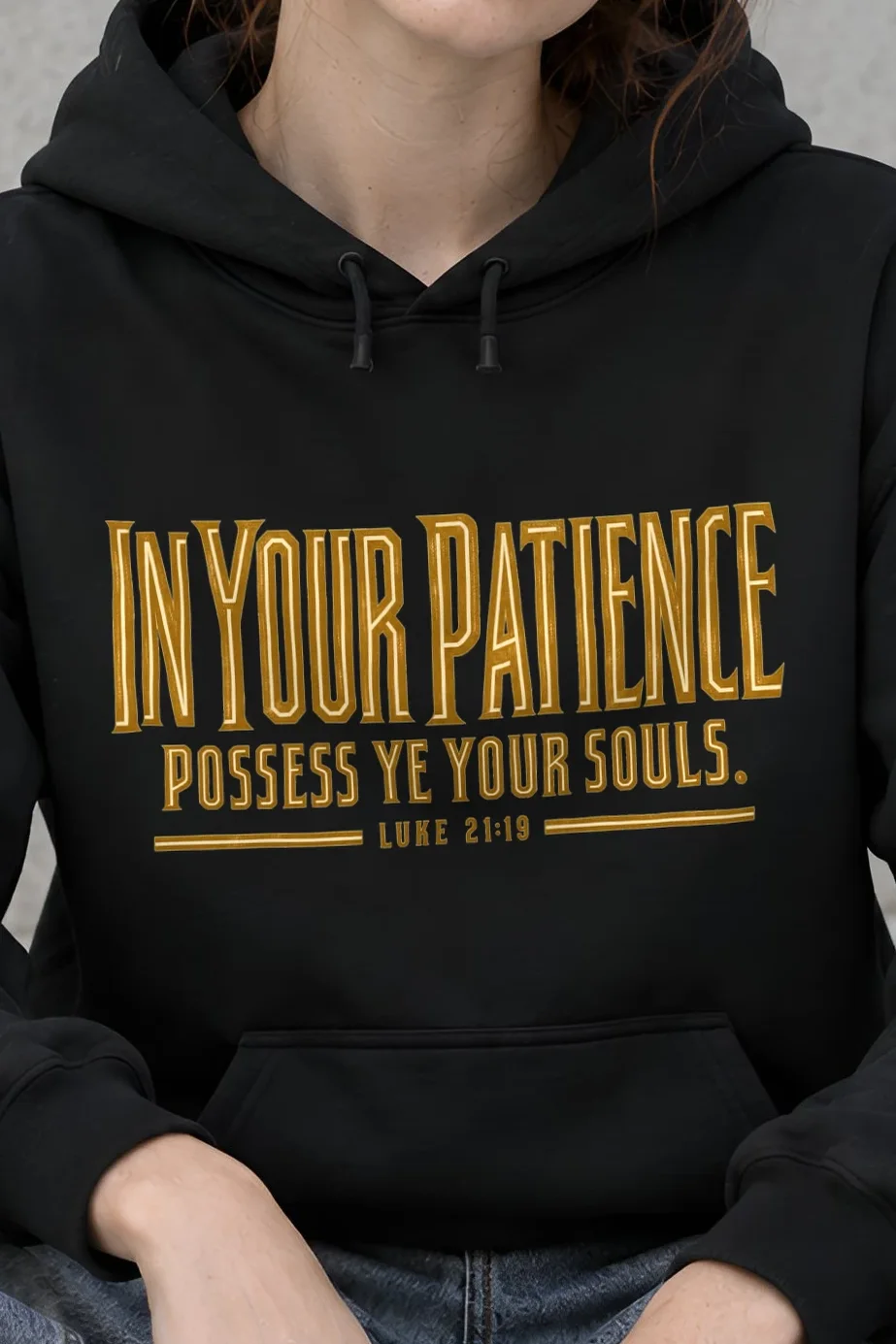 "In Your Patience Possess Ye" Heavy Blend Unisex Pullover Hoodie - the graphic up close