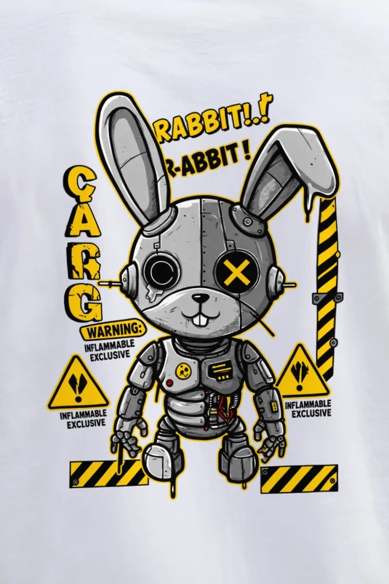 "Industrial Rabbit Warning" Heavyweight Unisex Crewneck T-shirt - the graphic up close