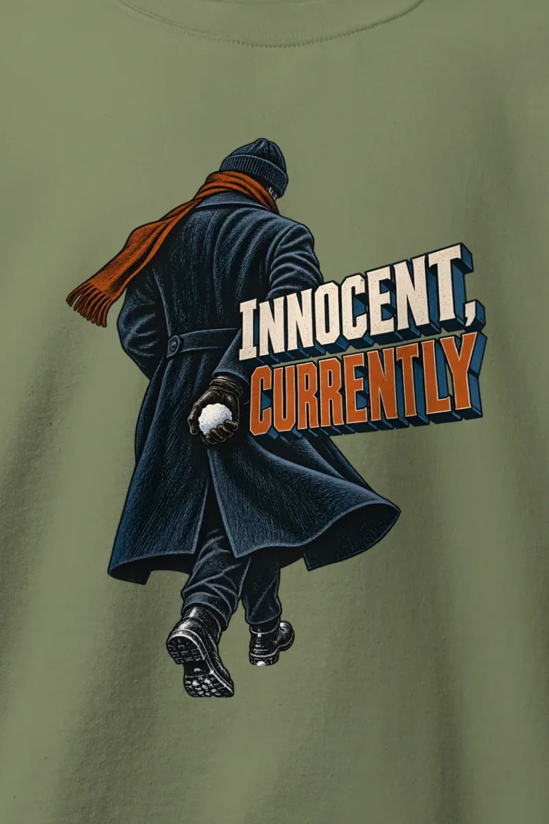 "Innocent, Currently" Heavy Blend Unisex Crewneck Sweatshirt - the graphic up close