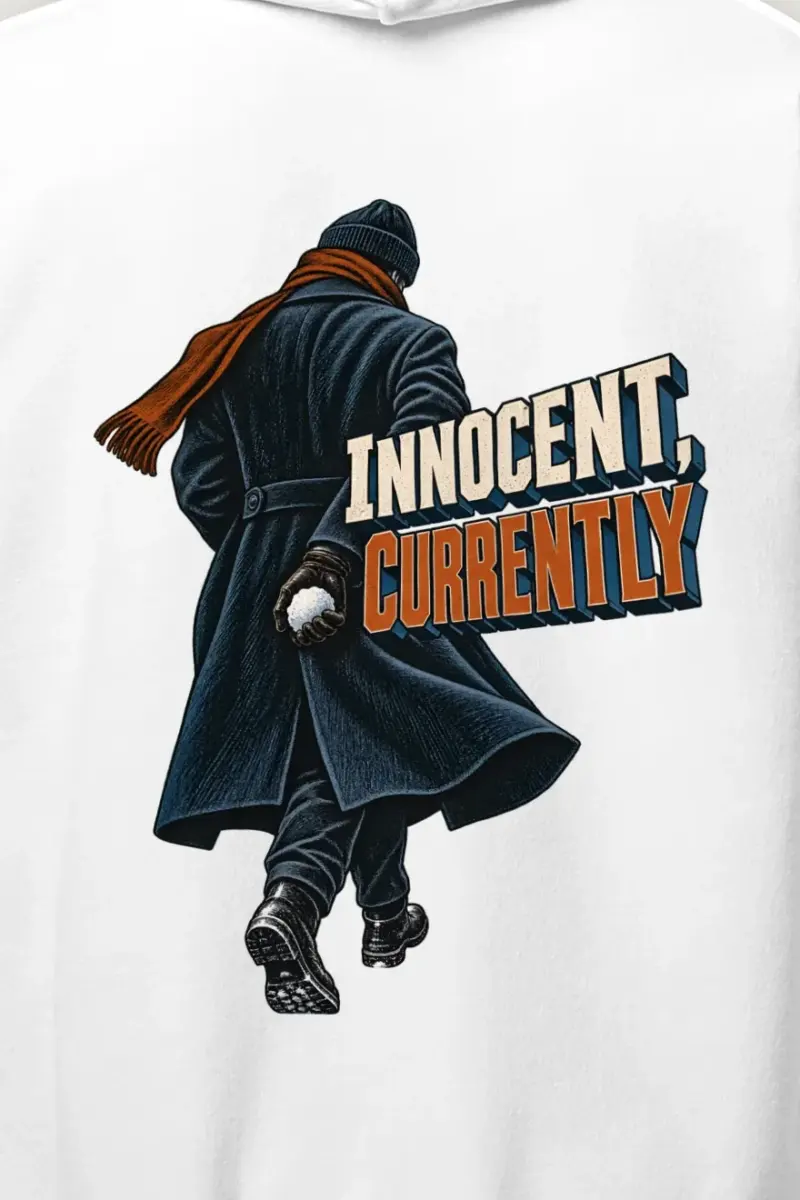 "Innocent, Currently" Heavy Blend Unisex Pullover Hoodie - the graphic up close