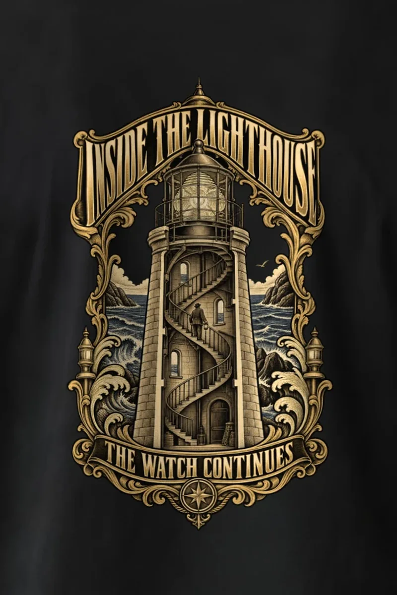 "Inside the Lighthouse" Heavyweight Unisex Crewneck T-shirt - the graphic up close