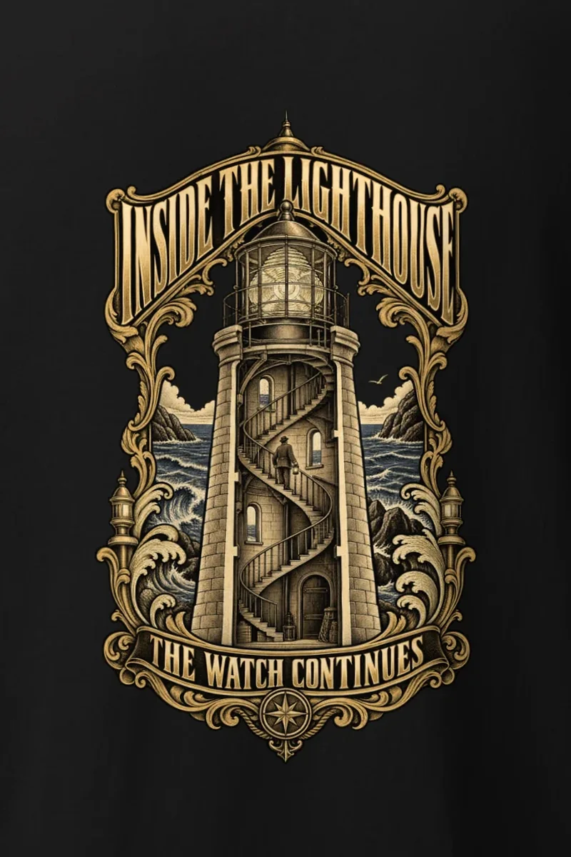 "Inside the Lighthouse" Heavyweight Unisex Crewneck T-shirt - the graphic up close