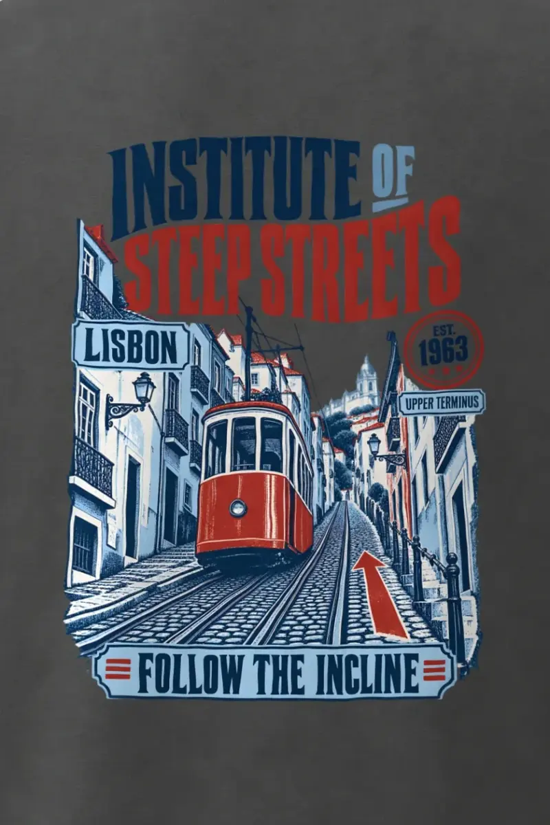 "Institute of Steep Streets" Men’s Oversized Heavyweight Crewneck T-Shirt - the graphic up close