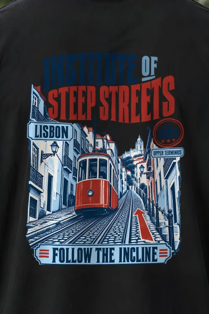 "Institute of Steep Streets" Men’s Oversized Heavyweight Crewneck T-Shirt - the graphic up close