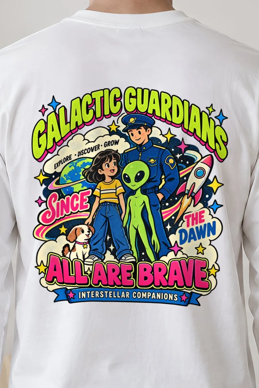 "Interstellar Companions" Unisex Longsleeve T-shirt - the graphic up close