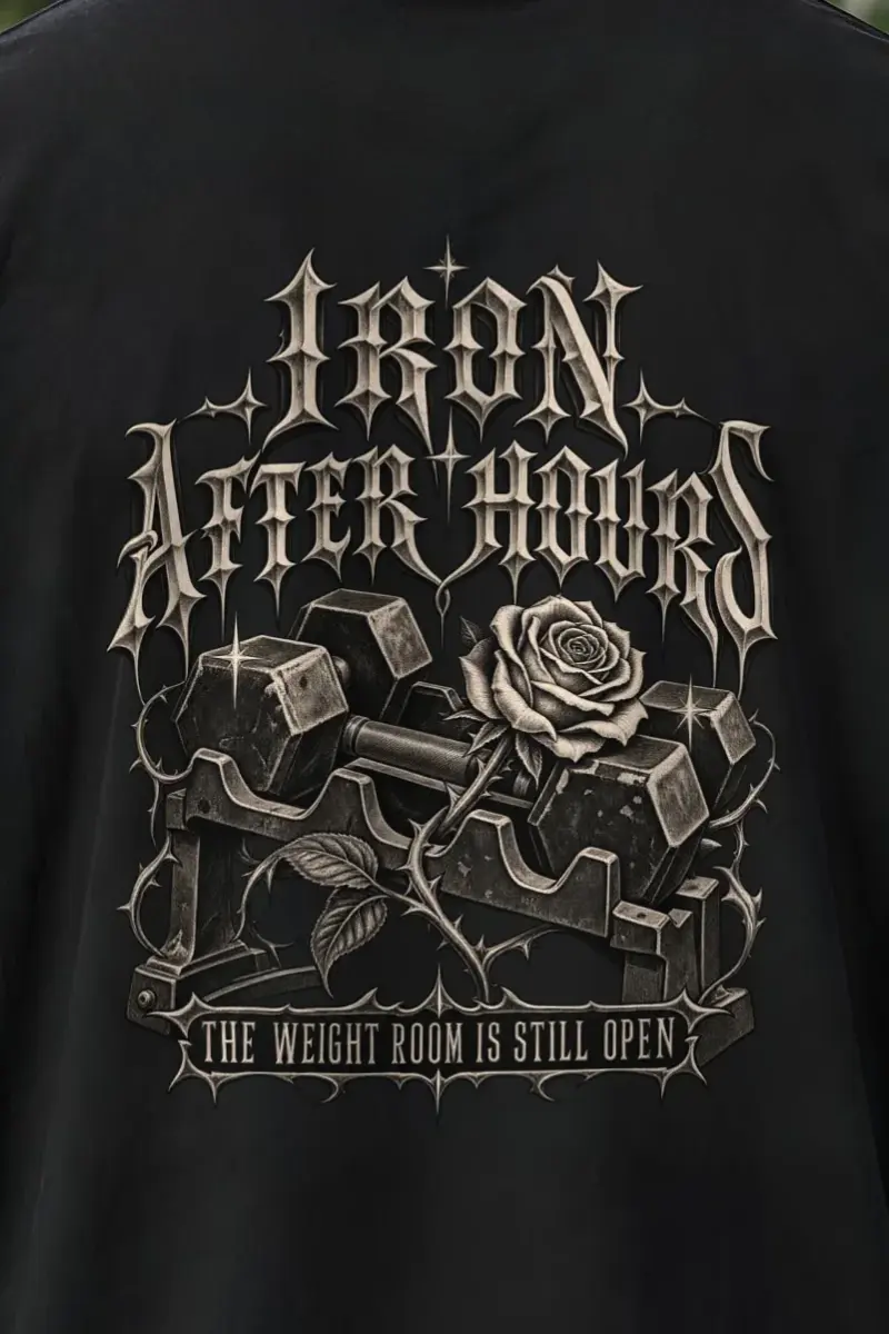 "Iron After Hours" Men’s Oversized Heavyweight Crewneck T-Shirt - the graphic up close