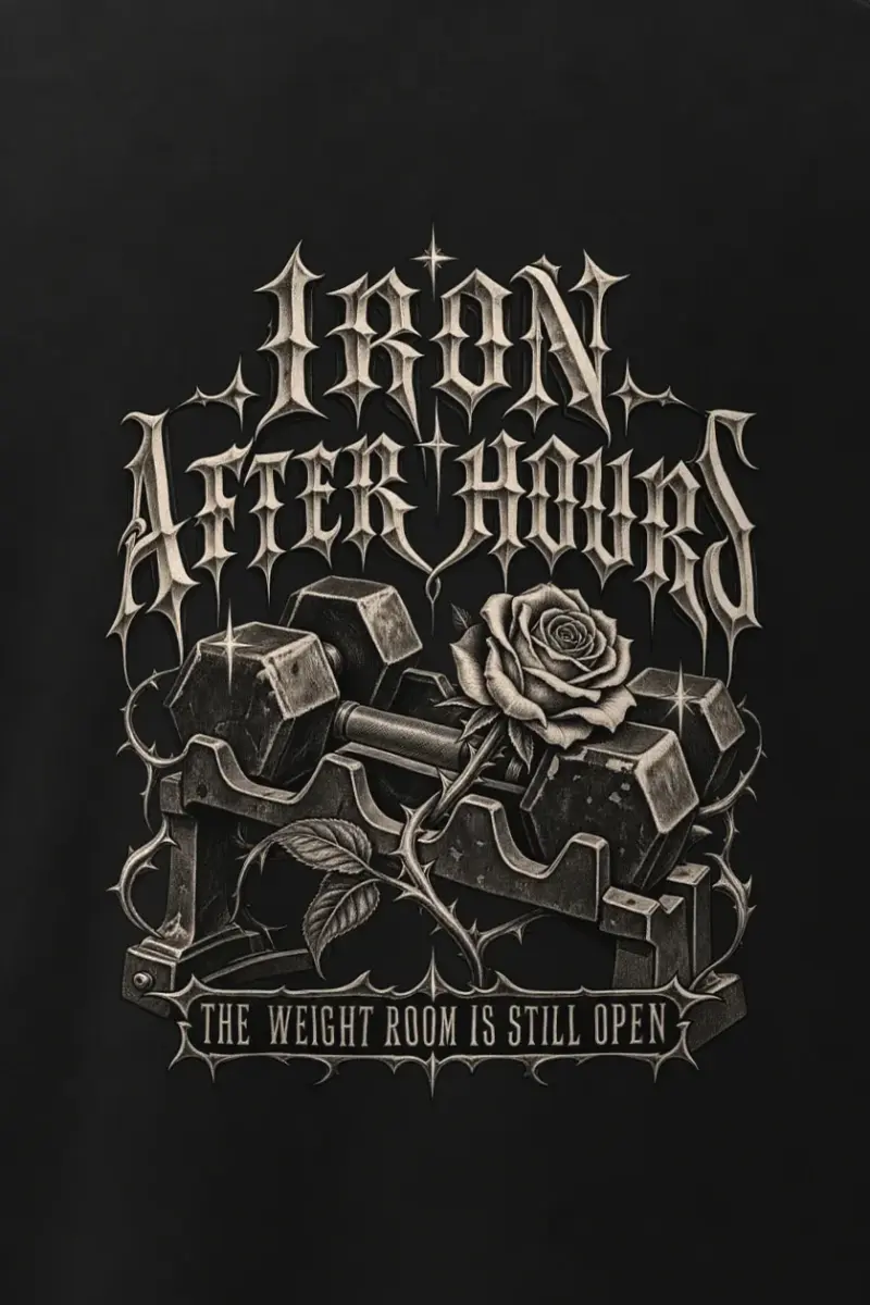 "Iron After Hours" Men’s Oversized Heavyweight Crewneck T-Shirt - the graphic up close