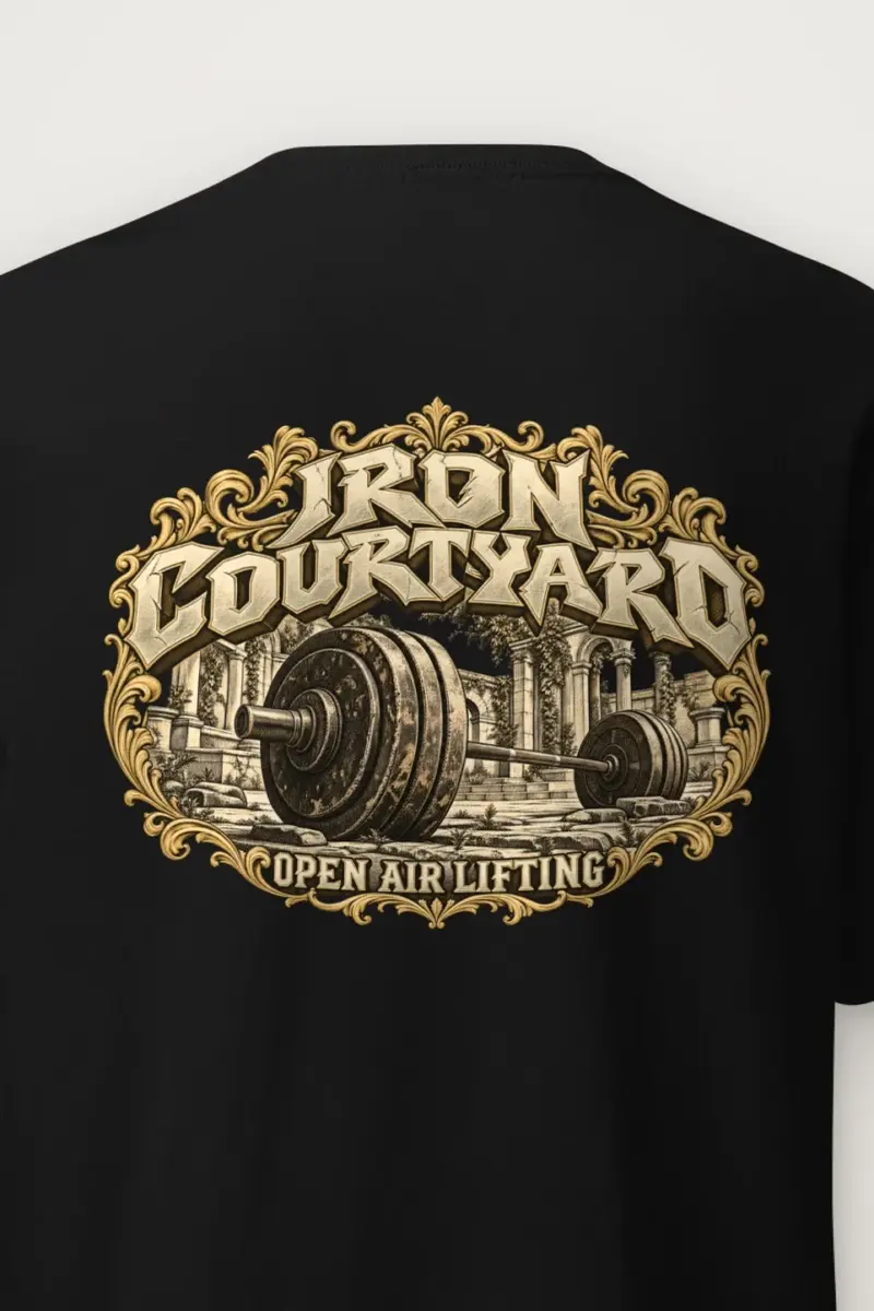 "Iron Courtyard" Heavyweight Unisex Crewneck T-shirt - the graphic up close